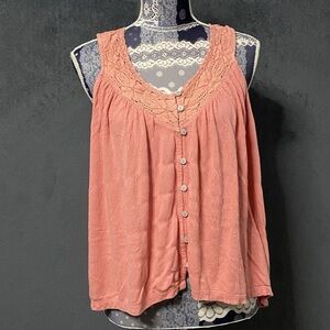 Lucky Brand Tank Top Womens M Pink Crochet Lace Trim Button Front Blouse V-Neck